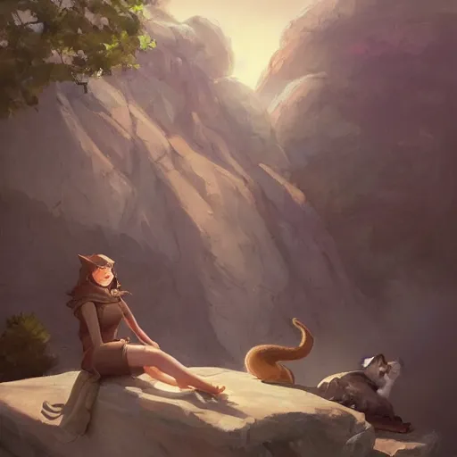 Image similar to a painting of a person sitting on a rock with a cat and a plane at the side, an ultrafine detailed painting by mandy jurgens, featured on deviantart, fantasy art, 2 d game art, ilya kuvshinov, steampunk