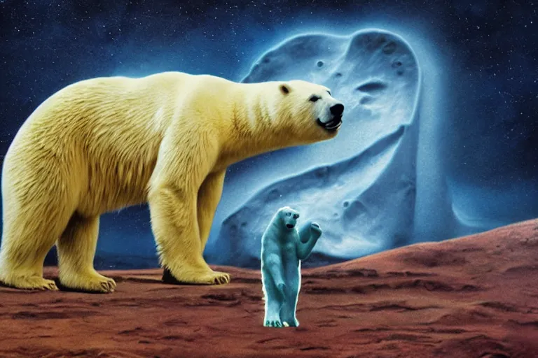 Prompt: polar bear blessed by the amoeba, painted by russ nicholson and chesley bonestell, trending on artstation, dramatic red or cyan lighting tilt - shift multiple exposure, doge, colored pencil art, macro, monumentalism