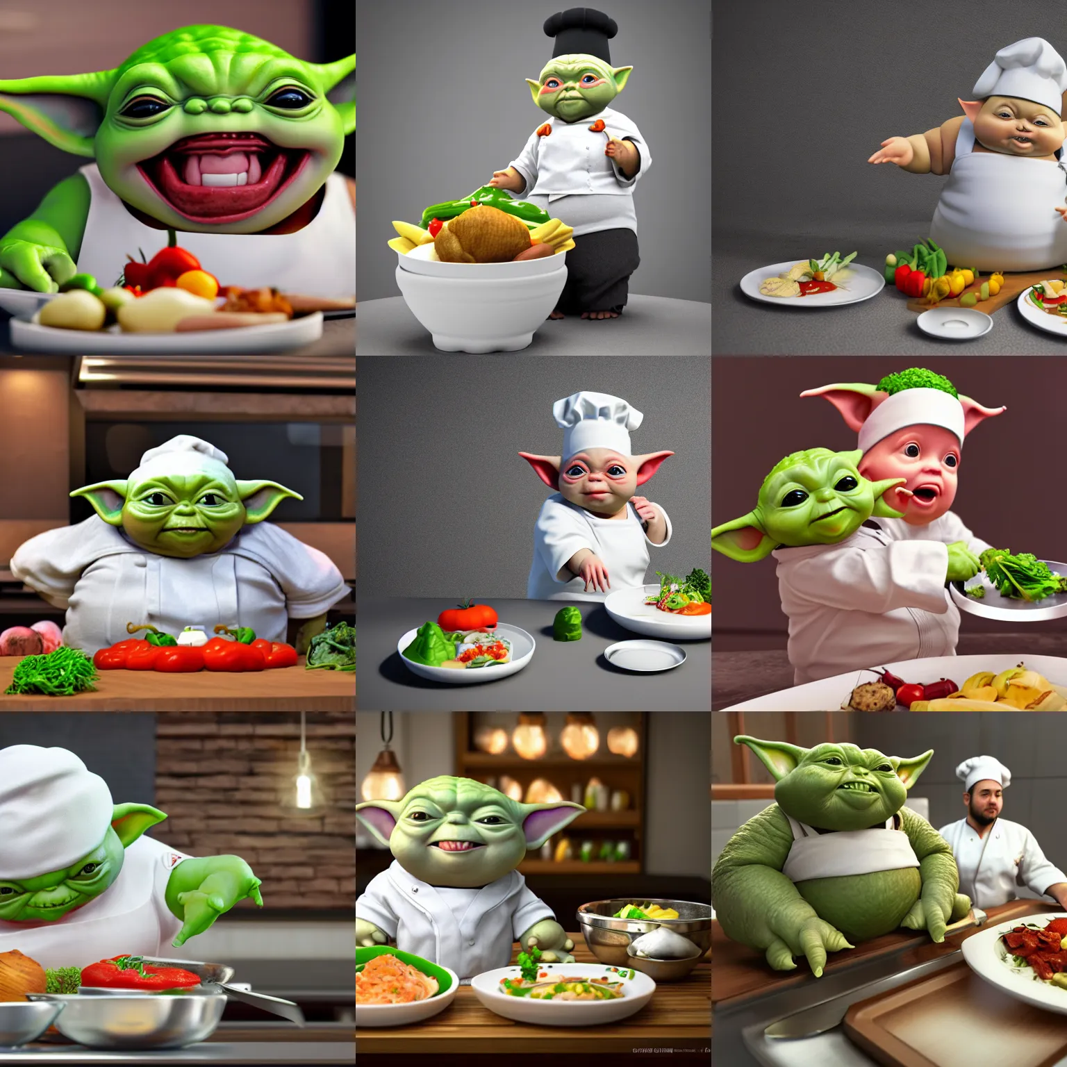 Prompt: curious mouth agape innocent tiny overweight chubby baby yoda as chef wearing white chefs hat and white apron, offering a plate of food, vegetables, photography, hyperrealism, unreal engine, octane 3 d render, houdini, unity 3 d