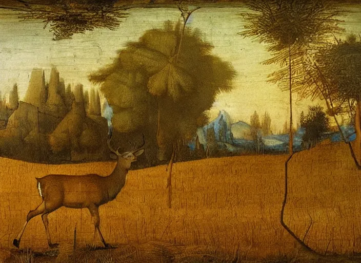 Image similar to A painting in the style Leonardo Da Vinci of a deer standing in a wheat field surrounded by a forest, very detailed, very beautiful