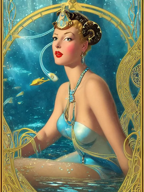 Image similar to princess kida the high queen of ancient atlantis, a beautiful art nouveau portrait by gil elvgren, beautiful underwater city environment, centered composition, defined features, golden ratio, silver jewelry, stars in her gazing eyes