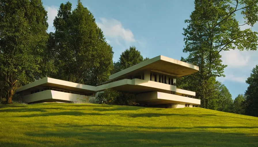 Prompt: modern house on a green hill between trees, frank lloyd wright, simon stalenhag