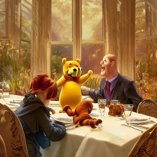 Image similar to Winnie the Pooh invites Tiger and Piglet to dine in a very fancy restaurant. Elegant, intricate, digital painting, artstation, concept art, smooth, sharp focus, illustration, art by artgerm and greg rutkowski and alphonse mucha