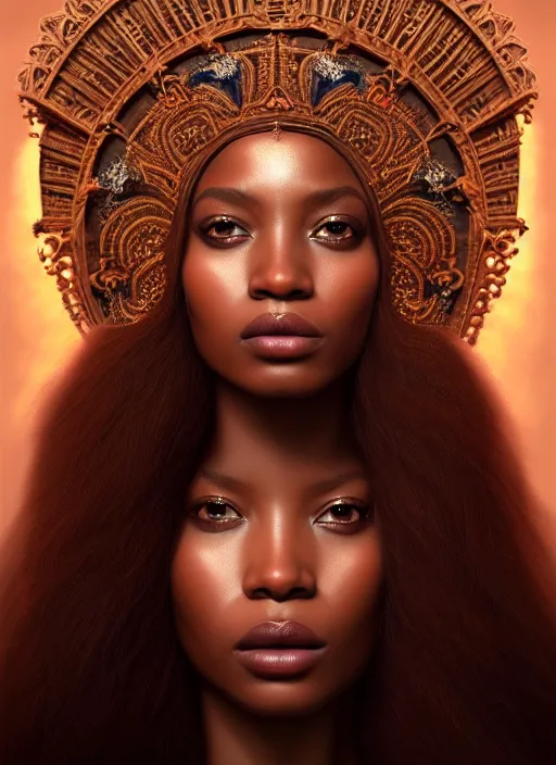 Prompt: portrait of queen, fantasy, rule of thirds, atmosphere, intricate, regal, brown skin, octane render, 8 k, unreal engine, lumen, symmetrical!!, loreal, maybelline, sephora, loreal, artstation, art by karol bak, art by artgerm, cinematic, concept art, filmic, vsco