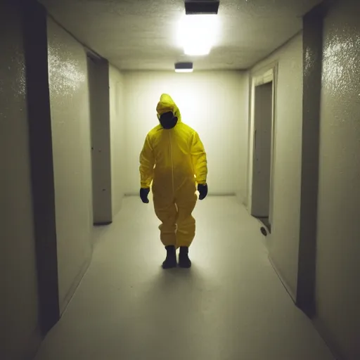 Image similar to a man wearing a yellow hazmat suit inside the very dark empty unsettling creepy backrooms, liminal space, flickering fluorescent lights, eerie mood