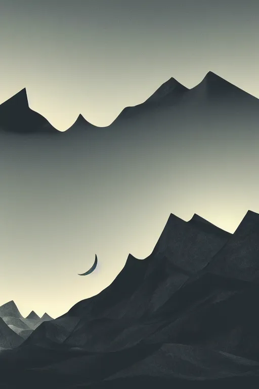 Prompt: geometric 3 d render, realistic nature, dark color palate, mountains with a crescent moon stars, 8 k