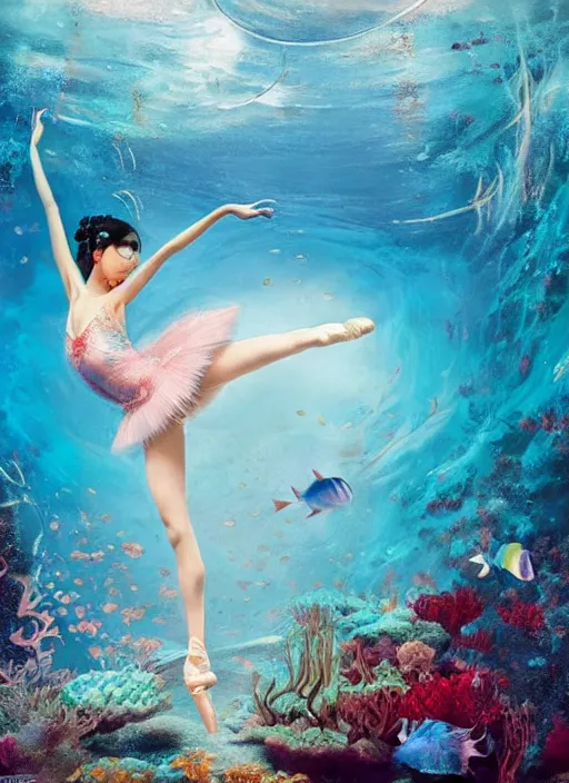 Image similar to stunningly beautiful, asian prima ballerina at the bottom of the great barrier reef, smooth, focus, highly detailed, hyper realistic, dramatic lighting, intricate, concept art, art by wlop, mars ravelo, greg rutowski