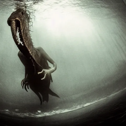 Image similar to sea monster about to eat pov underwater, pale skin, dark yellowish water, foggy water, dark, dramatic,'silent hill ', big eyes, alluring and terrifying, cinematic