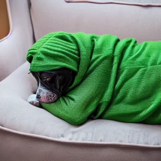 Image similar to American Staffordshire terrier sitting on a sofa wearing a green sweater, 8k, hdr