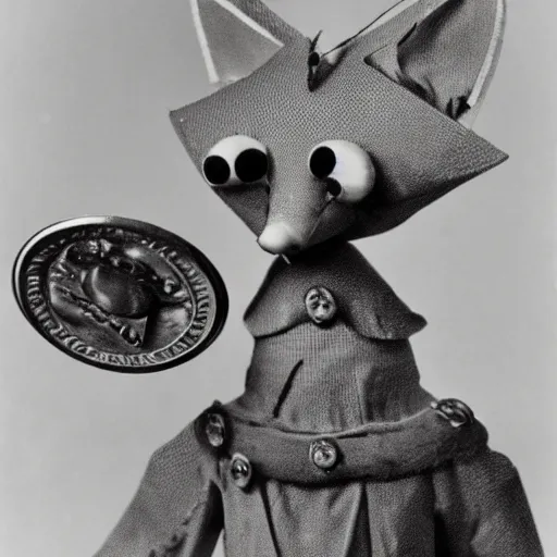 Prompt: anthropomorphic fox multi-jointed puppet who is a medieval knight holding golding coins, 1930s film still