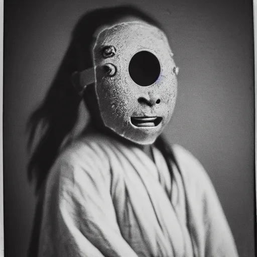 Image similar to a potrait of samura taken in 1 6 3 0, in a circle, kodak 4 0 0, nft style, facing sideways, wearing an oni mask, grain, scretch, high quality, 8 k, photorealistic, real, old photo style