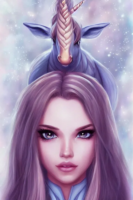 Image similar to very beautiful disney princess with a unicorn horn, perfect face, perfect body, eye contact, drawn by artgerm