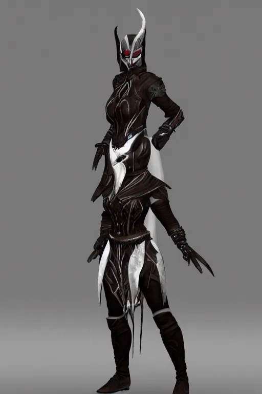 Image similar to female adventurer in tight full - body ebony leather armor of dunmer design with white porcelain crow mask, trending in artstation, establishing shot