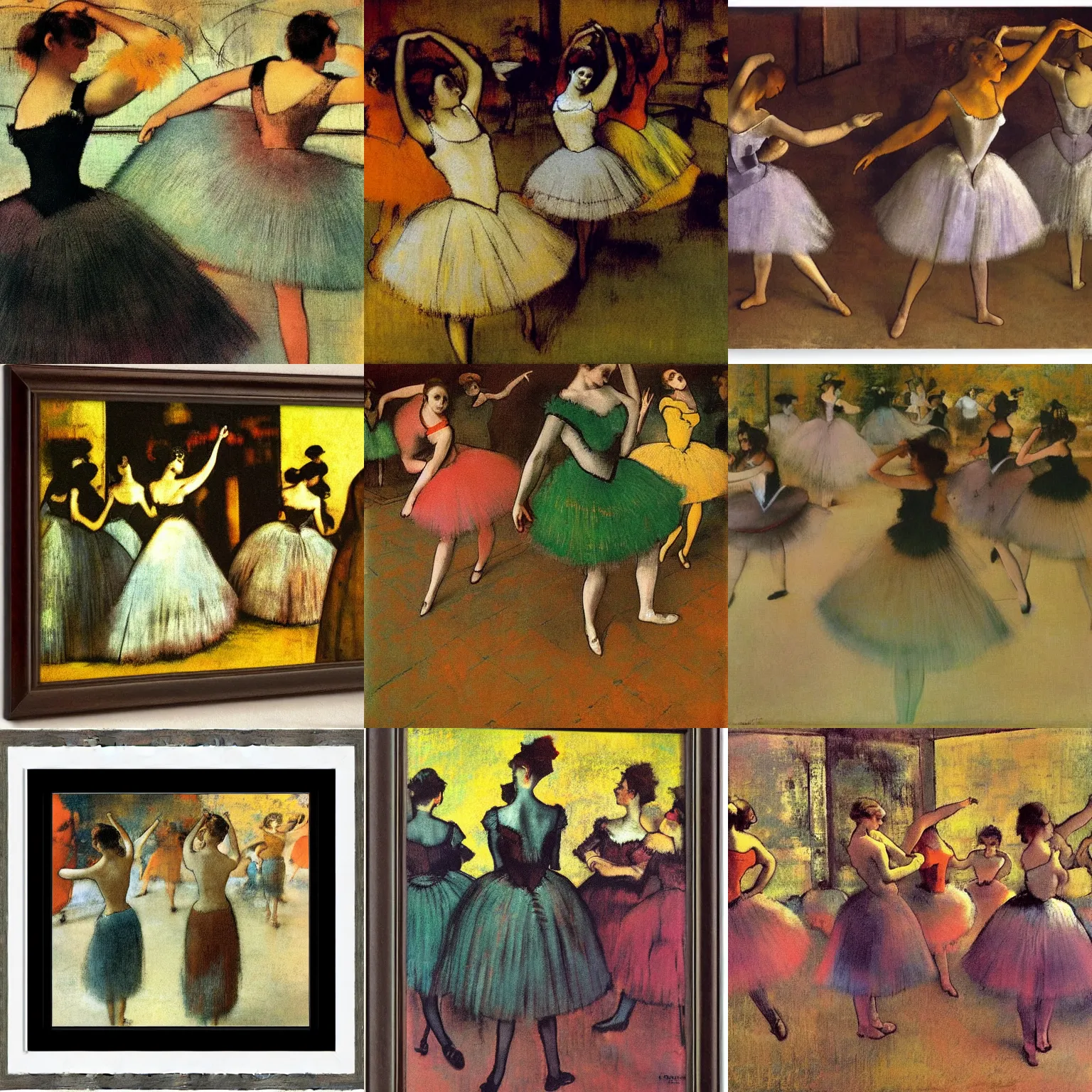 Prompt: pattern dominance emphasis on form balance harmony contrast movement rhythmn. by edgar degas