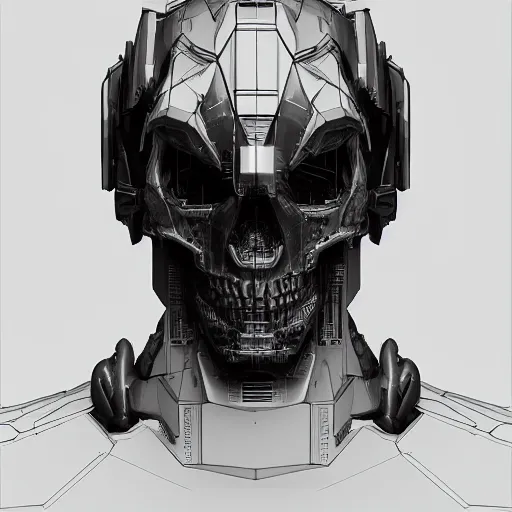 Image similar to black and white cyberpunk style dark bio metal skull, mecha hard-surface, cyberpunk, hyperrealistic, cinematic, unreal engine, 3D, 8K, imagined by Ash Thorp, Tsutomu Nihei, Ghost In The Shell, Akira