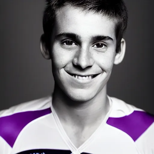 Image similar to photographic portrait by Annie Leibovitz of a young white male smiling with short brown hair that sticks up in the front, dark eyes, groomed eyebrows, tapered hairline, sharp jawline, wearing a purple white volleyball jersey, sigma 85mm f/1.4, 15mm, 35mm, 4k, high resolution, 4k, 8k, hd, full color