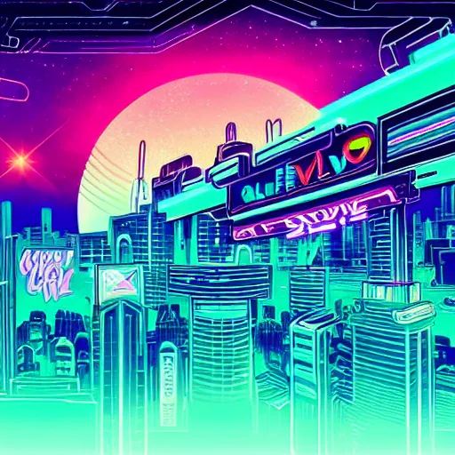 Image similar to synthwave neon city in space