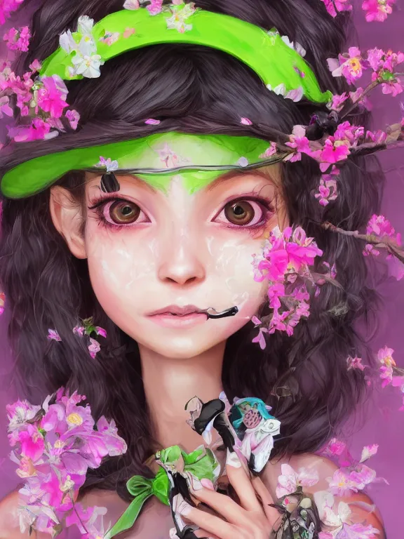 Image similar to Full shot of a cute mischievous young spring witch about to get up to some trouble with her playful bat familiar. Latin American fashion. Floral patterns. cherry blossoms. Bats. Black and Pink and Lime Green palette. Magic. Latina girl. brown skin. defined facial features, symmetrical facial features. Smiling. By Ruan Jia and Artgerm and Range Murata and WLOP and Ross Tran and William-Adolphe Bouguereau. Key Art. Fantasy Illustration. award winning, Artstation, intricate details, realistic, Hyperdetailed, 8k resolution.