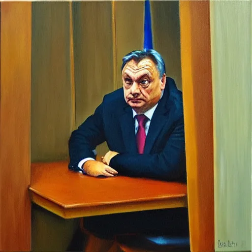 Image similar to viktor orban in a cubicle, oil painting