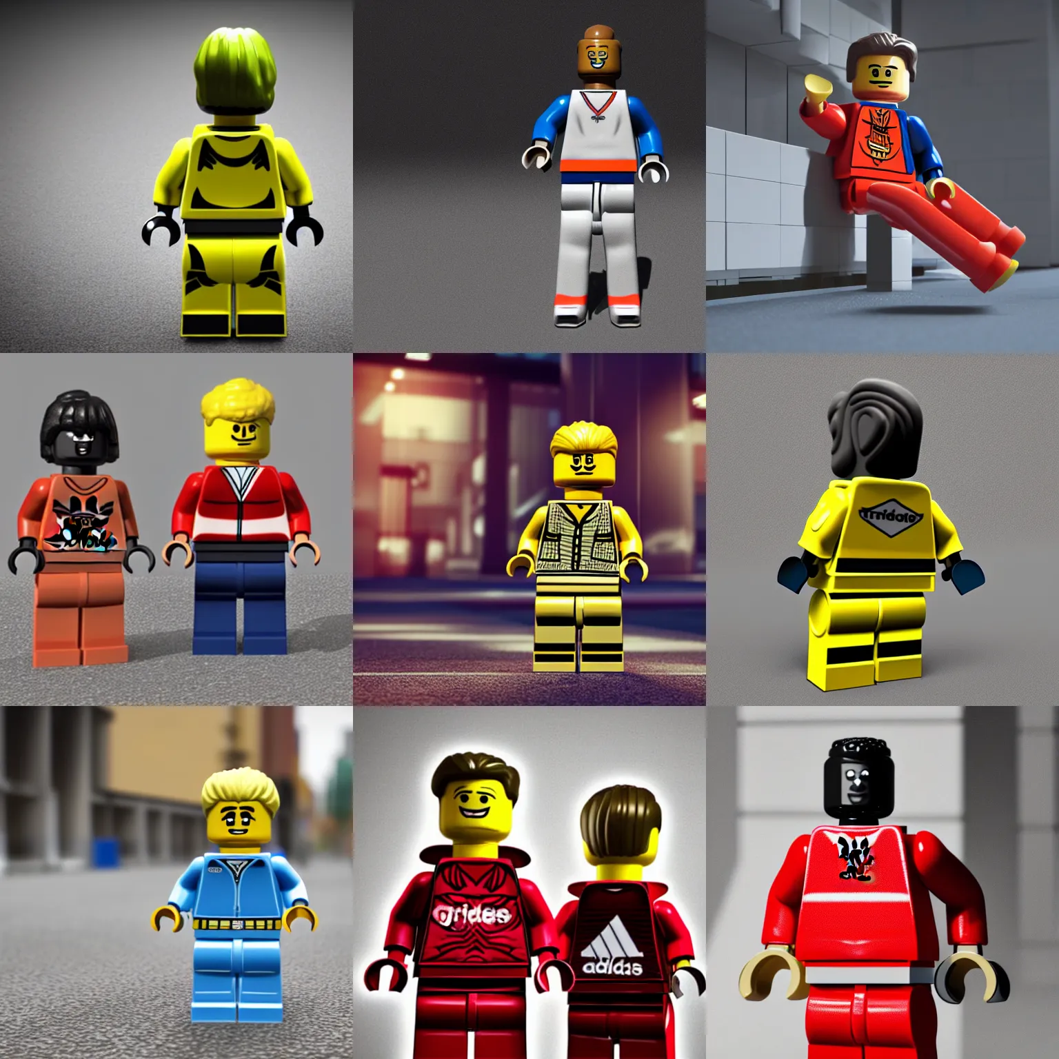 Prompt: Drunk men in Adidas tracksuit lego figure, ultra realistic, soft light, octane render, 4k