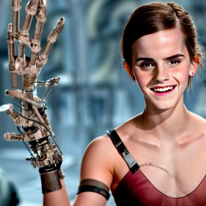 Image similar to Joyful! smiling Emma Watson wearing cyborg prosthetic, from The emperor's new groove (2000). Clear body. Light Clothes. Cinematic. Professional Photo. Low angle. 8k. Clear Face.