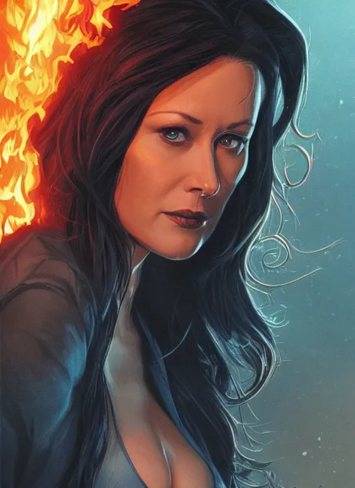 Image similar to a 8K DC comic of Prue Halliwell as Zatanna from DC comics , wavy hair . D&D style, sharp definition, surrounded by flames. Art by by Greg Rutkowski and Dan Mumford.