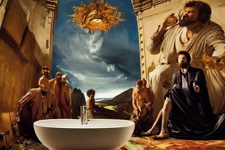 Image similar to hyperrealism aesthetic ridley scott and caravaggio and denis villeneuve style photography of a detailed giant, siting on a detailed ultra huge toilet in surreal scene from detailed art house movie in style of alejandro jodorowsky and wes anderson