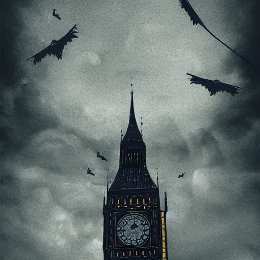 Prompt: A witch wearing a hat sitting on a broom stick and flying high in the sky,the Big Ben is in background,gloomy lighting,creepy atmosphere,digital art , highly detailed , high contrast, beautiful lighting, award winning , trending on art station, 8k, photo realistic