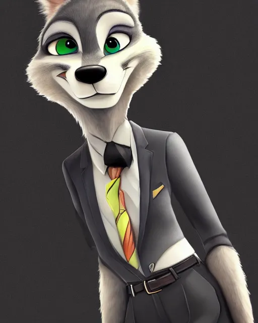 Image similar to digital painting full body of anthromorphic furry female wolf, in style of zootopia, female fursona, furry, furaffinity, 4 k, deviantart, furry art, fursona art, wearing black business suit, wearing black business suit, wolf fursona, female, very expressive detailed feminine face,