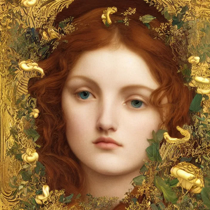 Prompt: masterpiece beautiful seductive flowing curves preraphaelite face portrait amongst leaves, extreme close up shot, straight bangs, thick set features, yellow ochre ornate medieval dress, branching abstract decorate structural circle, halo, amongst foliage mushroom forest arch, branching framed with natural forms gold gilded circle halo, skull, kilian eng and frederic leighton and rosetti, 4 k