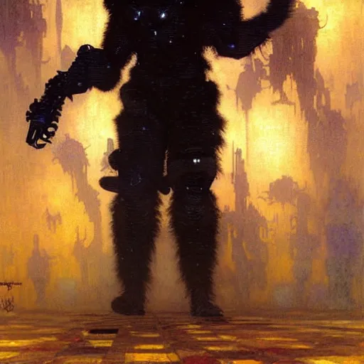 Prompt: portrait black german shepard dogman humanoid!!! bipedal!!! canine neuromancer. spaceship futuristic city. shadowrun cyberpunk fantasy d & d painting by gaston bussiere craig mullins jc leyendecker gustav klimt artgerm greg rutkowski john berkey, bergey, craig mullins, ruan jia, raymond swanland, tom lovell