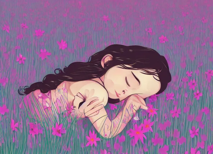 Prompt: a little girl with short wavy curly light brown hair is asleep in a flower meadow. clean cel shaded vector art. shutterstock. behance hd by lois van baarle, artgerm, helen huang, by makoto shinkai and ilya kuvshinov, rossdraws, illustration, art by ilya kuvshinov