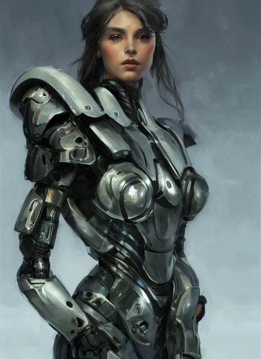 Image similar to a professional painting of a beautiful young female, clothed in robotic armor, olive skin, long dark hair, beautiful bone structure, symmetrical facial features, intricate, elegant, digital painting, concept art, smooth, sharp focus, illustration, from Metal Gear, by Ruan Jia and Mandy Jurgens and Artgerm and William-Adolphe Bouguerea