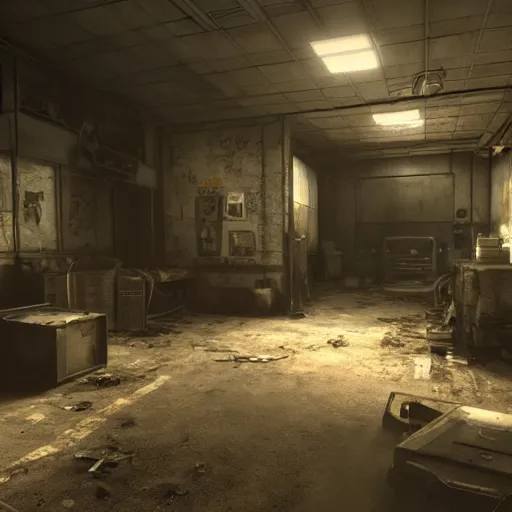 Image similar to fallout concept art school interior render grim realistic lighting unreal engine 5