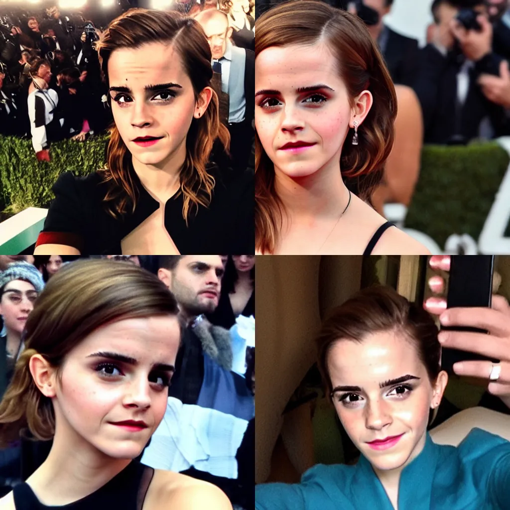 Prompt: emma watson accidentally taking a selfie with flash