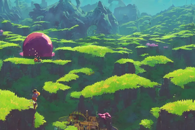 Prompt: computer game art, a small planet in the future, a Tinker's shack on a barren planet, wild berry vines, a berry farm, space junk, volcanoes, in the style of studio ghibli and No Man's Sky and Breath of the Wild