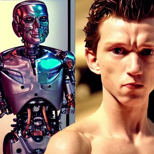 Image similar to “a realistic detailed photo of a guy who is the terminator robot, a cyborg consisting of living tissue over a robotic endoskeleton, who is a male android, Tom Holland, posing like a statue, blank stare”