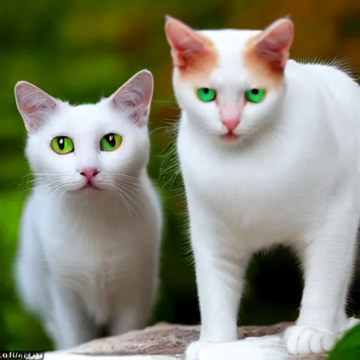 Prompt: [white cat, green eyes], left in the picture, [black cat, yellow eyes], right in the picture