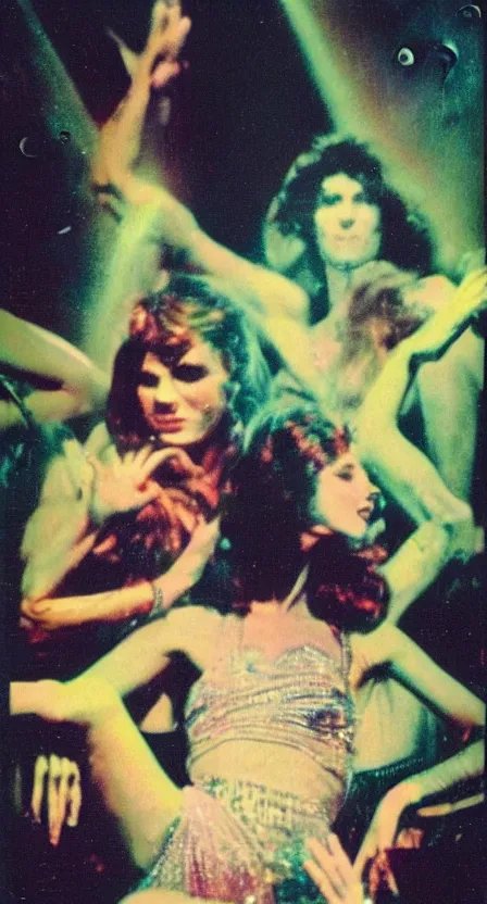 Prompt: antichrist dancing at Studio 54, disco, bright lights, 1976, bad color vhs