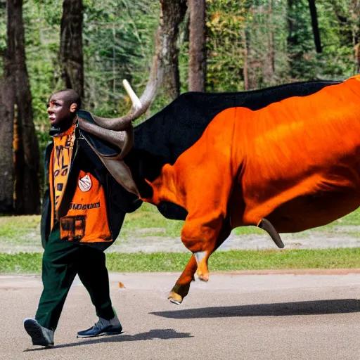Prompt: photograph of a black man wearing an army green jacket riding an orange colored bull