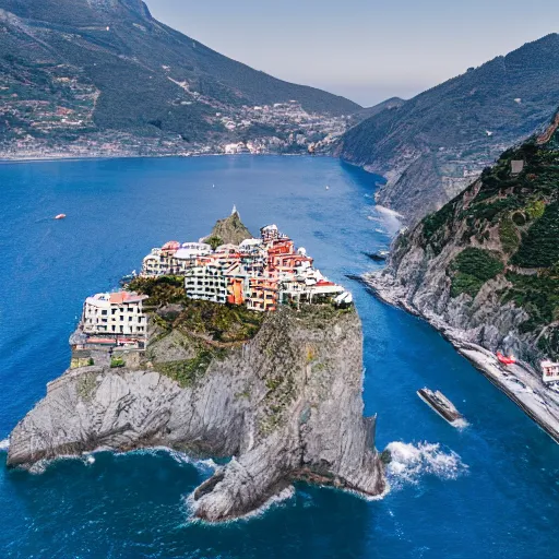 Image similar to matterhorn in the seaside with cinque terre cities on a cliff, drone picture, very realistic