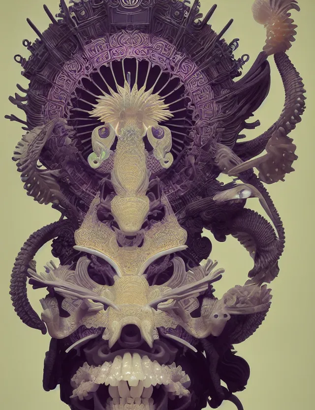 Image similar to 3 d goddess close - up frontal portrait with ram skull. beautiful intricately detailed japanese crow kitsune mask and clasical japanese kimono. betta fish, jellyfish phoenix, bio luminescent, plasma, ice, water, wind, creature, artwork by tooth wu and wlop and beeple and greg rutkowski