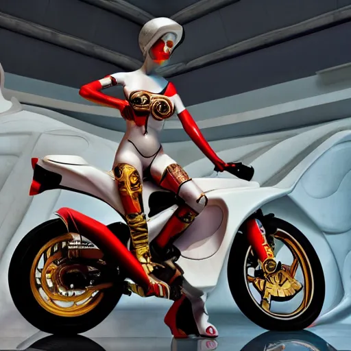 Image similar to a hyper detailed realistic cinematic lit scene in the guggenheim museum of a white armless marble statue of a woman, with a motorcycle in background with motocross colors and corporate logos in the style of virgil abloh, offwhite, louis vuitton, denoise, vogue, brooklyn museum, catalog