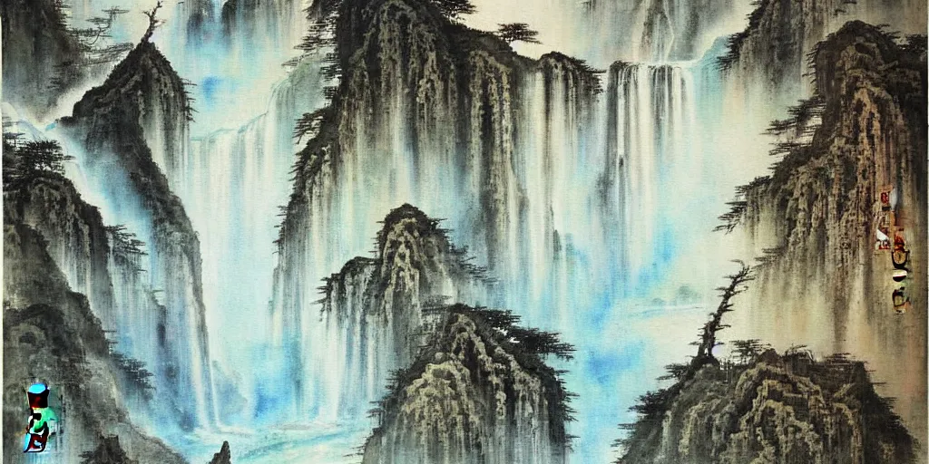 Image similar to “ large ancient gate to other world in the center of waterfall in chinese watercolor painting, oil painting, masterpiece, aesthetic ”