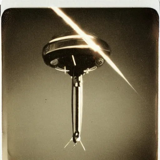 Image similar to old polaroid depicting a small intricate metallic alien probe, hovering at a clearing