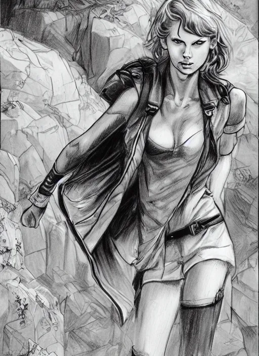 Prompt: beautiful concept art comic book drawing of taylor swift hiking by randy vargas and simon bisley