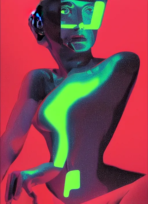 Image similar to futuristic lasers tracing, data visualization, laserpunk fullbodysuit,, pyramid visor, raindrops, wet, oiled, beautiful cyborg girl pinup, by steven meisel, kaws, rolf armstrong, cubist perfect geometry abstract acrylic, hyperrealism photorealistic airbrush collage painting, monochrome, neon fluorescent colors, minimalist rule of thirds, eighties eros