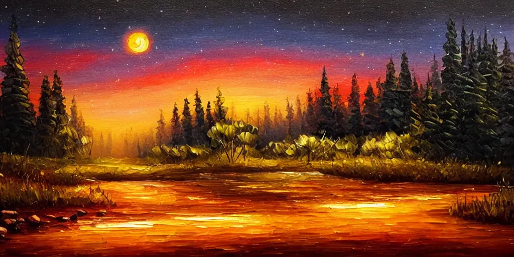 Image similar to nighttime nature landscape, oil painting, ultra realistic, highly detailed, hd, sharp focus, warm colors, realistic, vivid colors, painting, non blurry, sharp, smooth, illustration