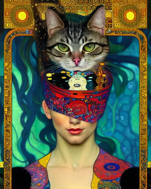 Image similar to magician cat portrait an oil painting splashes with many colors and shapes by gustav klimt greg rutkowski and alphonse mucha, polycount, generative art, psychedelic, fractalism, glitch art