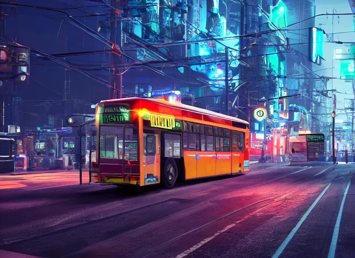 Image similar to trolleybus stands at a stop, headlights shine with neon light, atmospheric, futuristic, cyberpunk, ray tracing global illumination, 8 k resolution, ultra detailed